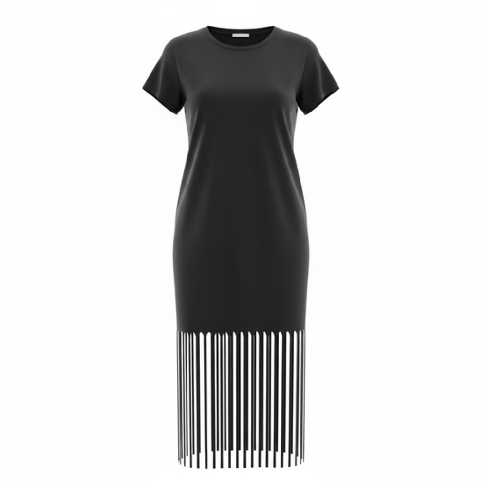 BiBi Black Midi Dress with Fringe Hem